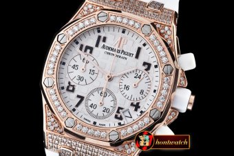 AP0369B - Royal Oak Ladies Chrono RG/RU Wht Num Diam Bez VK64