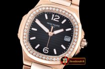 Patek Philippe Nautilus 7010 Ladies RG/RG Diams Black - Swiss Qt