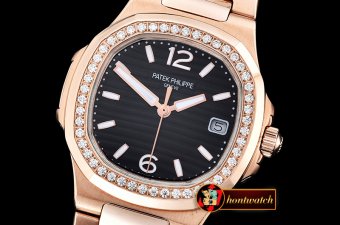 Patek Philippe Nautilus 7010 Ladies RG/RG Diams Black - Swiss Qt