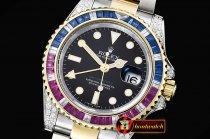 Rolex GMT II Red/Blue Rubies YG/SS Blk BP A3186 Mod