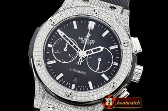 Hublot Fusion Bang 45mm Chrono Diams SS/RU Blk A7750 Secs @3