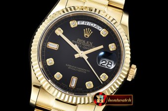 Rolex Daydate 36mm Flt YG/YG Black Diam BP Swiss 2836