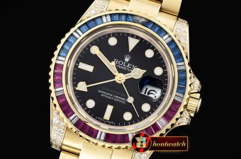 Rolex GMT II Red/Blue Rubies YG/YG Blk BP A3186 Mod