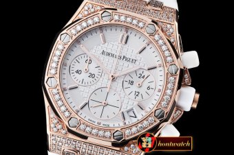 AP0369A - Royal Oak Ladies Chrono RG/RU Wht Stk Diam Bez VK64