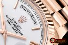 Rolex DayDate 40mm Flt RG/RG Pearl Wht Roman BP Swiss 2836