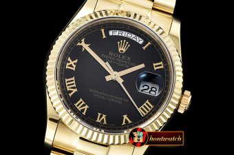 Rolex Daydate 36mm Flt YG/YG Black Roman Num BP Swiss 2836