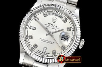 Rolex Daydate 36mm Flt SS/SS Silver Wht Diam BP Swiss 2836