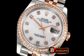 Rolex DateJust 36mm Jub Diam RG/SS Wht MOP/Dm BP A2813