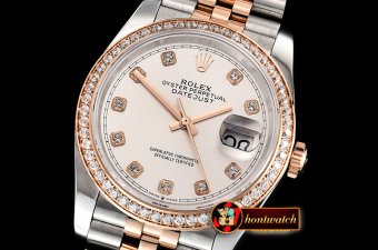 Rolex DateJust 36mm Jub Diam RG/SS Silv Wht/Dm BP A2813